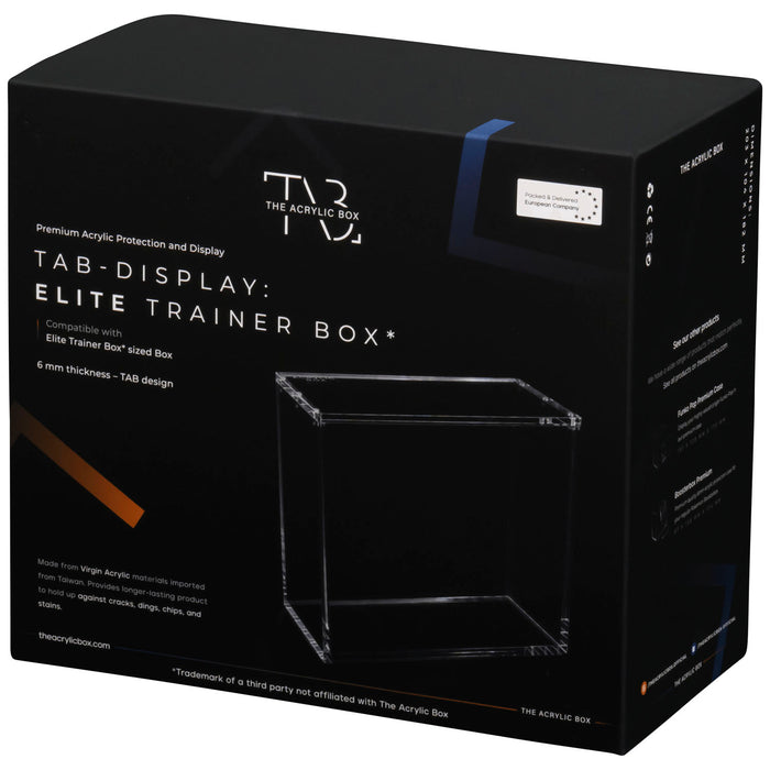 Black box packaging for The Acrylic Box: Pokémon Elite Trainer Box by The Pokémon Company, featuring a clear acrylic outline and detailed product information. This ETB display box is designed to showcase and protect your collectible boxes—an ideal Akryl case Pokémon solution for any Elite Trainer Box collection.