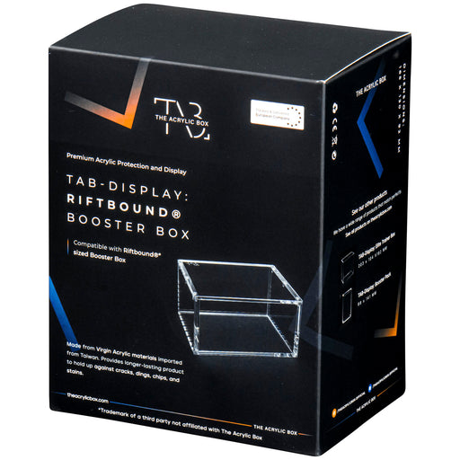 Black packaging box for The Acrylic Box: Riftbound Booster Display Akryl Case by The Acrylic Box, featuring an illustration of an acrylic display case and text highlighting its compatibility with Riftbound-sized booster boxes.