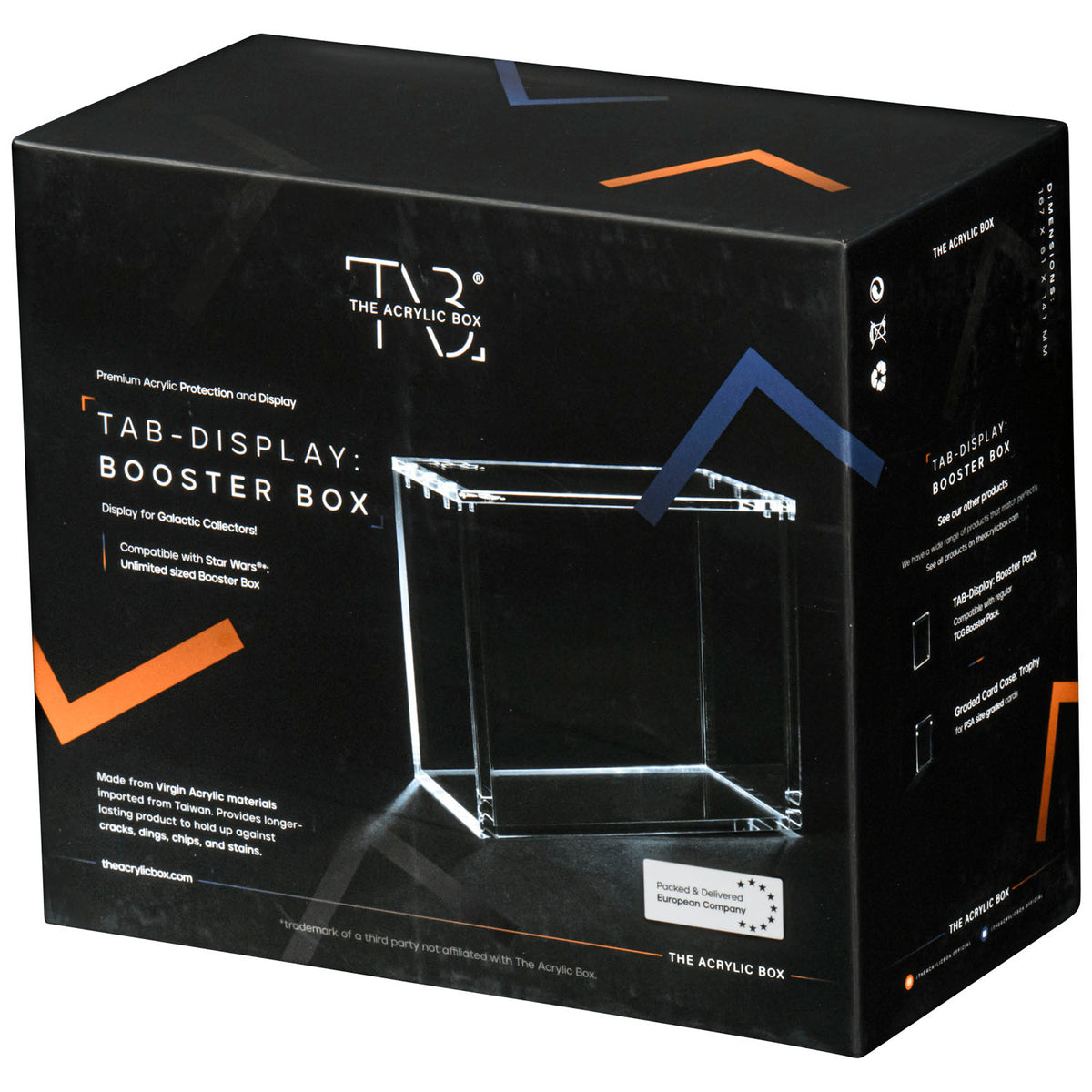 Black box packaging for The Acrylic Box: Star Wars Unlimited Booster Box Akryl Case by The Acrylic Box, displaying a clear akryl case designed specifically for Star Wars Unlimited booster boxes. The packaging features white text, orange and blue accents, as well as detailed product compatibility information.