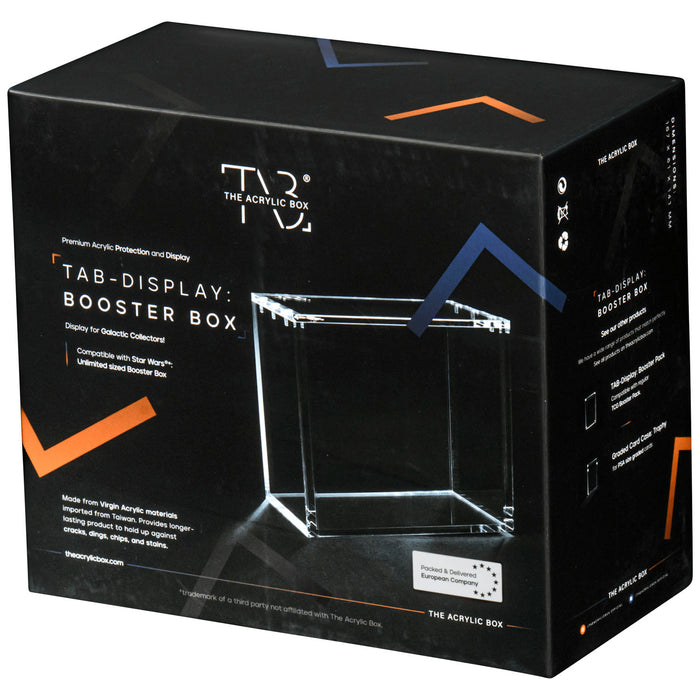 Black box packaging for The Acrylic Box: Star Wars Unlimited Booster Box Akryl Case by The Acrylic Box, displaying a clear akryl case designed specifically for Star Wars Unlimited booster boxes. The packaging features white text, orange and blue accents, as well as detailed product compatibility information.
