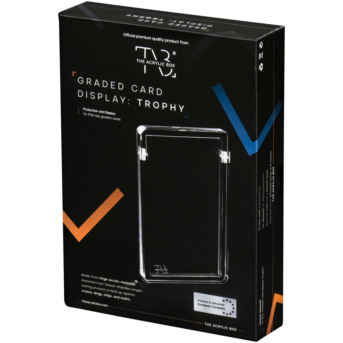 Black retail box for The Acrylic Box: Trophy Graded Card Akryl Case by The Acrylic Box, featuring a clear akryl display case image with UV-beskyttelse, geometric blue and orange designs, and product information in white text.