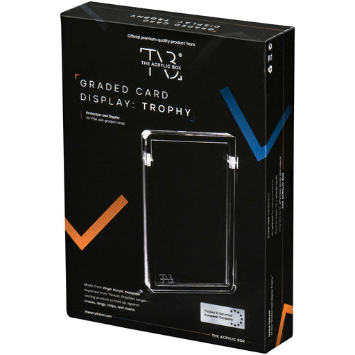 Sleek black box packaging for The Acrylic Box: Premium Graded Card Akryl Case by The Acrylic Box, featuring a clear akryl display card holder inside—ideal for PSA-graded cards. The packaging displays geometric designs in blue, orange, and beige.