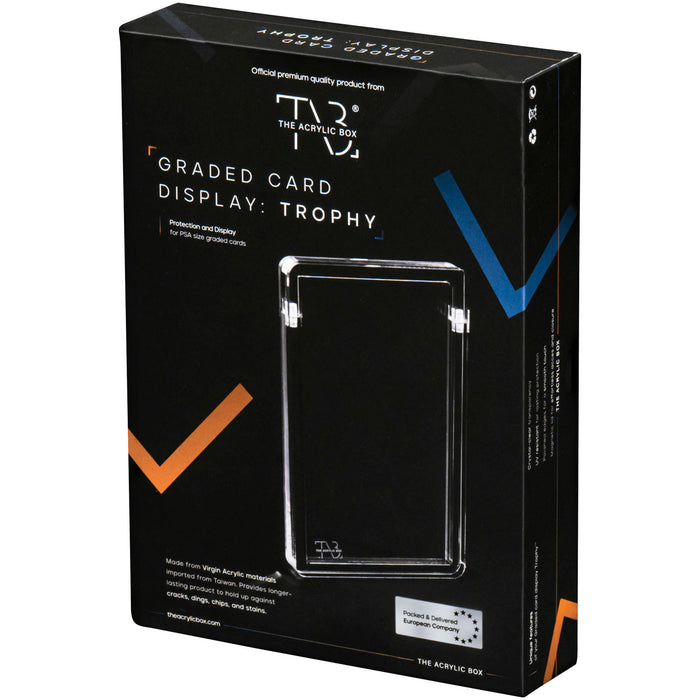 Sleek black box packaging for The Acrylic Box: Premium Graded Card Akryl Case by The Acrylic Box, featuring a clear akryl display card holder inside—ideal for PSA-graded cards. The packaging displays geometric designs in blue, orange, and beige.