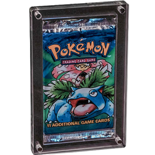 A sealed, vintage Pokémon trading card booster pack with Venusaur artwork, securely encased in The Acrylic Box: Booster Pack Akryl Case by The Acrylic Box for optimal UV-beskyttelse and display.