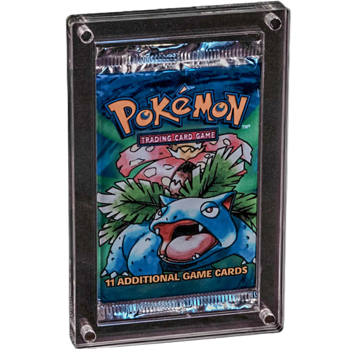 A sealed, vintage Pokémon trading card booster pack with Venusaur artwork, securely encased in The Acrylic Box: Booster Pack Akryl Case by The Acrylic Box for optimal UV-beskyttelse and display.