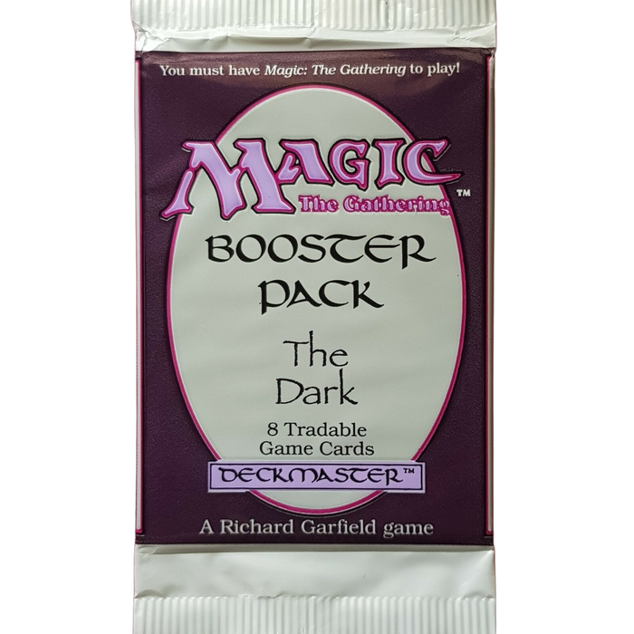 A sealed Magic: The Gathering - The Dark Booster Pack by Wizards of the Coast, featuring 8 tradable game cards in burgundy packaging with white and pink text.