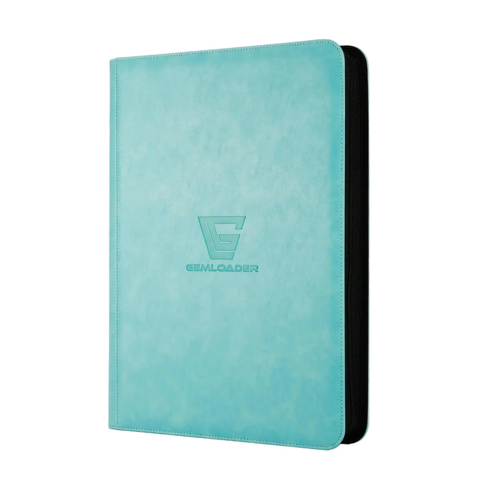 A turquoise, leather-like Gemloader: Premium Samlekortmappe [1024 pockets 4X4] binder with rounded corners and embossed Gemloader logo/text is shown closed at an angle on a white background for TCG/CCG card storage.