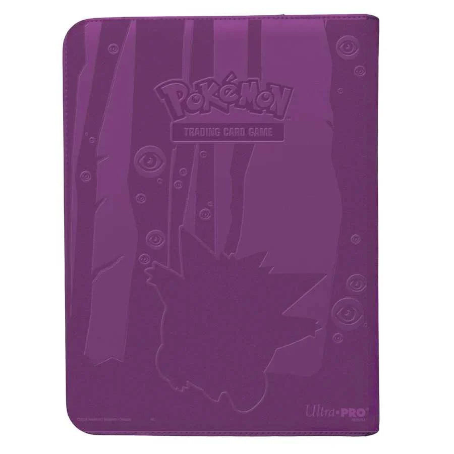 The Ultra Pro 9 Pocket Zip Pro Binder - Gengar by Ultra Pro features a purple cover with a black Gengar silhouette and embossed outline, offering stylish and secure Pokémon kort opbevaring for your card collection.