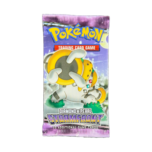 A sealed Pokémon TCG: Stormfront Booster Pack by The Pokémon Company, featuring Regigigas against a purple background, containing 10 additional game cards.