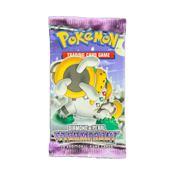 A sealed Pokémon TCG: Stormfront Booster Pack by The Pokémon Company, featuring Regigigas against a purple background, containing 10 additional game cards.