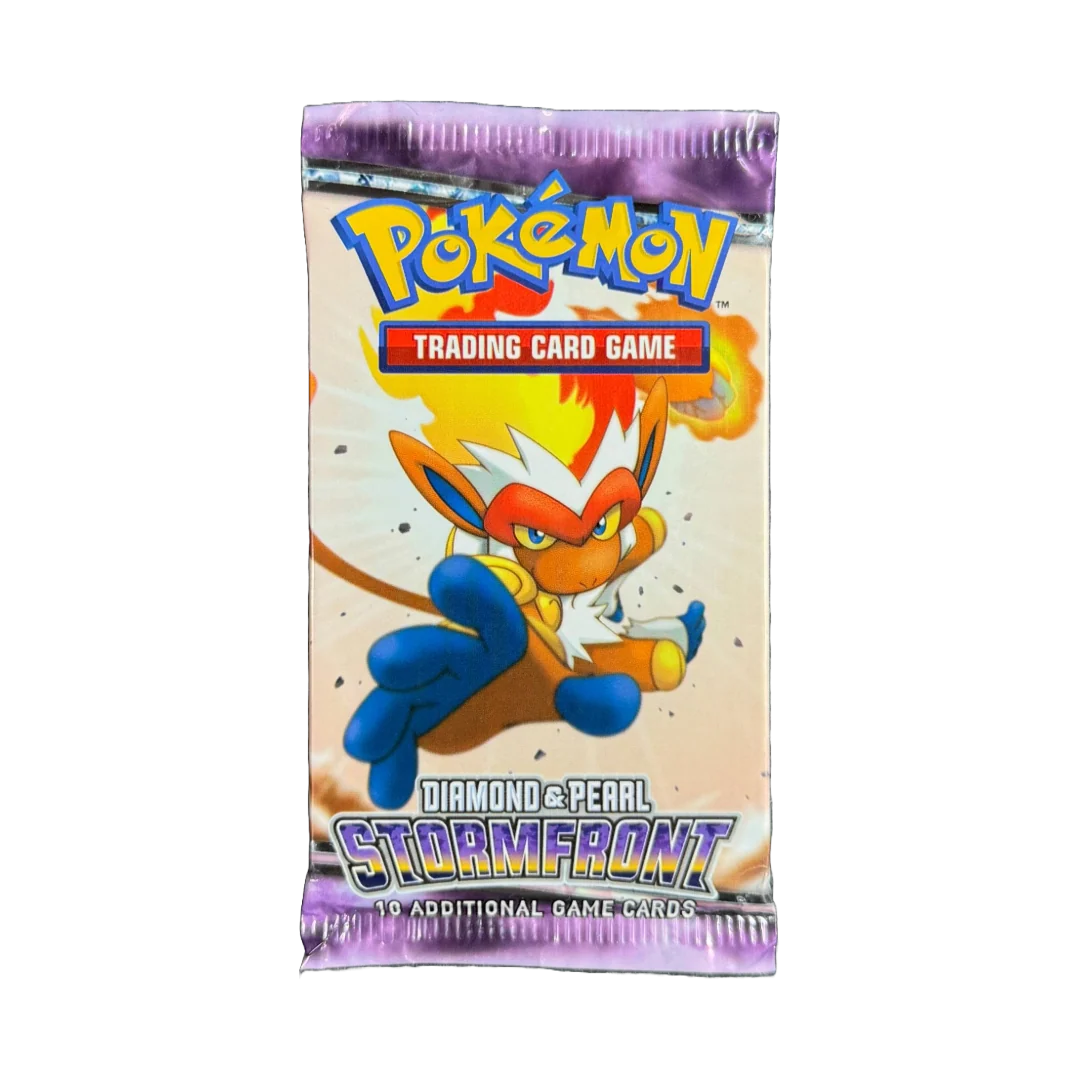 A sealed Pokémon TCG: Stormfront Booster Pack from The Pokémon Company, featuring Infernape on the wrapper with a purple border and text indicating it contains 10 additional game cards.