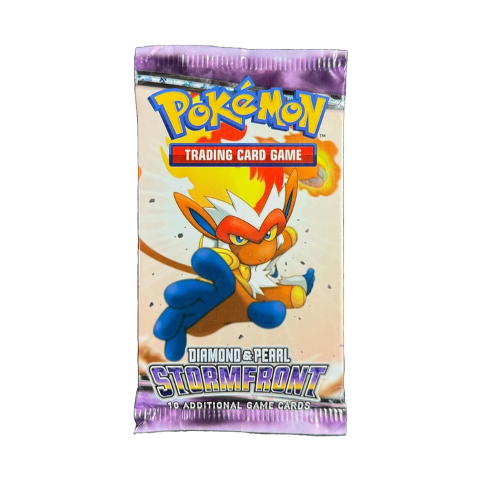 A sealed Pokémon TCG: Stormfront Booster Pack from The Pokémon Company, featuring Infernape on the wrapper with a purple border and text indicating it contains 10 additional game cards.