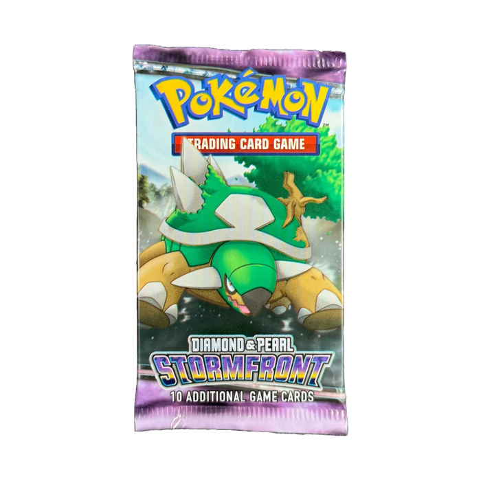 A sealed Pokémon TCG: Stormfront Booster Pack from The Pokémon Company features the character Torterra on the front.