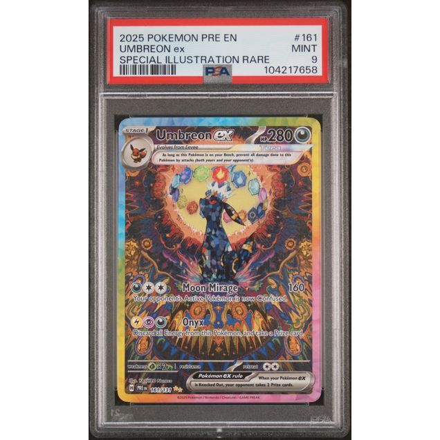 The Pokémon Company’s Pokémon TCG: Umbreon Ex #161 PSA 9 - Prismatic Evolutions features Umbreon artwork, colorful backgrounds, and displayed stats, graded Mint 9 by PSA for top collectible quality.