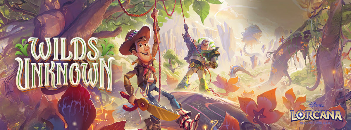 Woody and Buzz Lightyear from Toy Story explore a vibrant, fantastical forest with giant plants and glowing lights. The text reads Wilds Unknown and the Disney Lorcana logo is in the corner.
