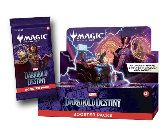 A Magic: The Gathering - Marvel Darkhold Destiny Booster Display box and a single booster pack featuring illustrations of Doctor Strange and Thor.