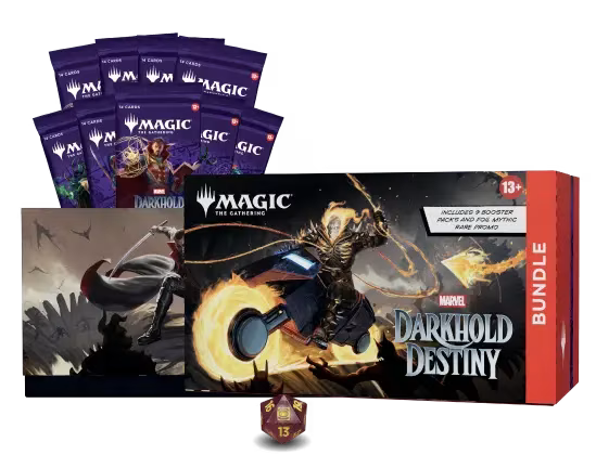 Rectangular Magic: The Gathering - Marvel Darkhold Destiny Bundle box featuring an illustration of Ghost Rider on a flaming motorcycle, with the text Darkhold Destiny and German product information.