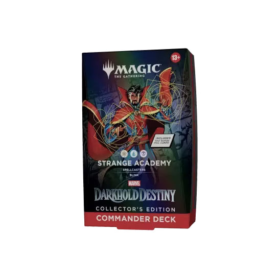 Magic: The Gathering - Marvel Darkhold Destiny Collector’s Edition Commander Deck box featuring Doctor Strange with glowing magical energy, branded with Strange Academy and Darkhold Destiny text.