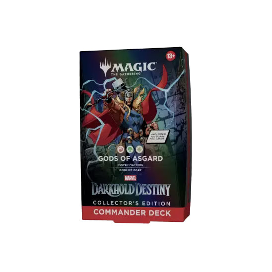 A Magic: The Gathering - Marvel Darkhold Destiny Collector’s Edition Commander Deck box featuring Thor holding Mjolnir surrounded by lightning.