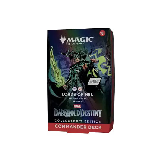 Magic: The Gathering - Marvel Darkhold Destiny Collector’s Edition Commander Deck featuring Hela, with Lords of Hel text and the Darkhold Destiny logo on the front of the boxed card game set.