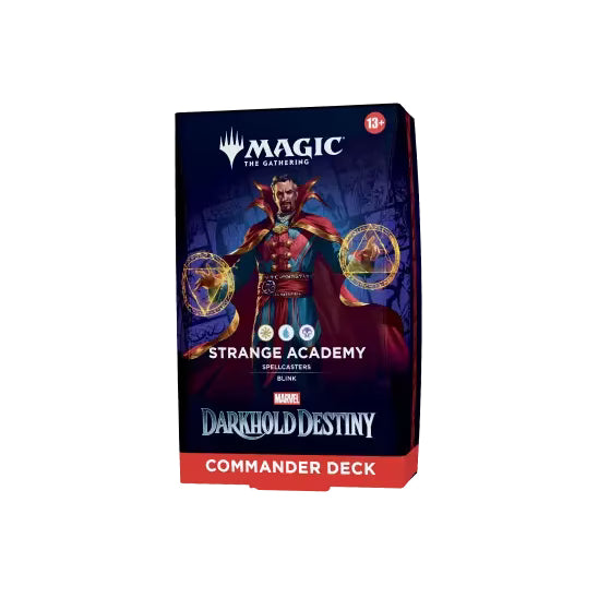 A Magic: The Gathering - Marvel Darkhold Destiny Commander Deck featuring Doctor Strange casting magic spells, with Strange Academy and Darkhold Destiny printed on the box front.