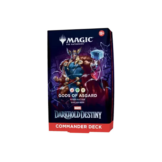 Magic: The Gathering - Marvel Darkhold Destiny Commander Deck box featuring Thor holding Mjolnir with text reading Gods of Asgard, Darkhold Destiny, and Commander Deck.