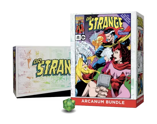 Rectangular Magic: The Gathering - Marvel Darkhold Destiny Collector Arcanum Bundle box featuring Marvel comic art of Dr. Strange, Thor, and Scarlet Witch.