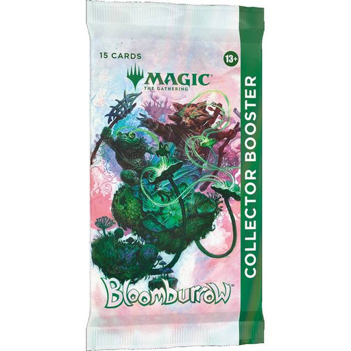 The Magic: The Gathering - Bloomburrow Collector Booster Display by Wizards of the Coast features packaging with a green, mouse-like creature adorned with flowers; it contains 15 cards per pack and is recommended for ages 13 and up.