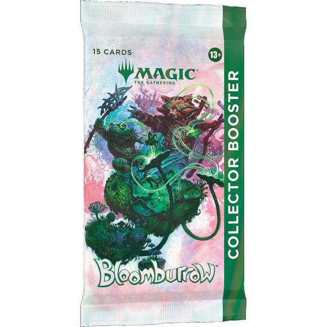 The Magic: The Gathering - Bloomburrow Collector Booster Display by Wizards of the Coast features packaging with a green, mouse-like creature adorned with flowers; it contains 15 cards per pack and is recommended for ages 13 and up.