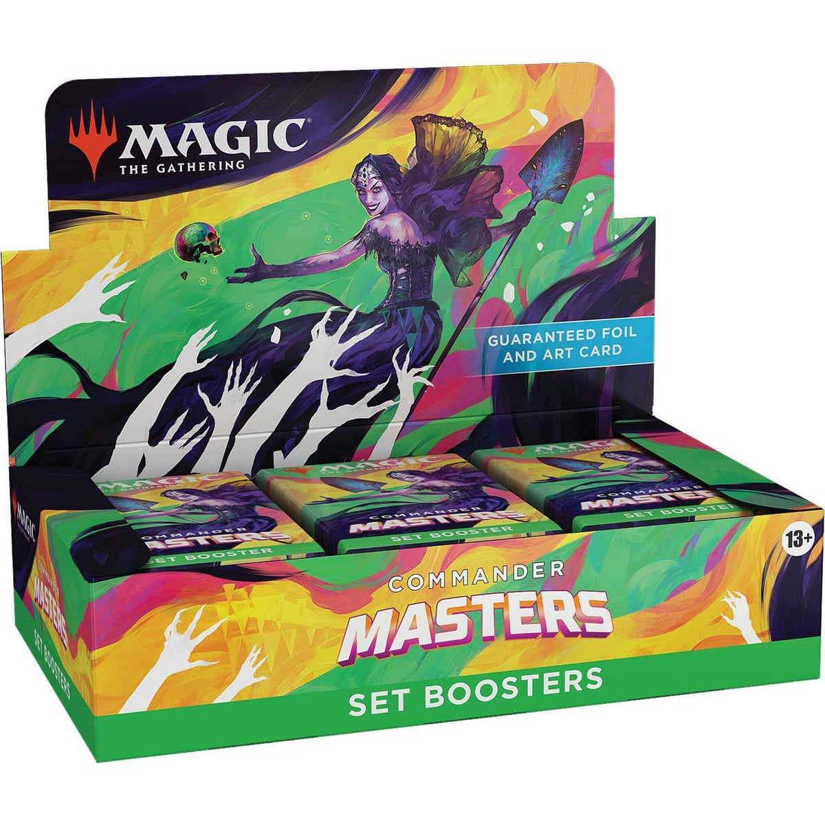 Magic: The Gathering - Commander Masters Set Booster Display box containing multiple booster packs with colorful artwork of a character with a staff.