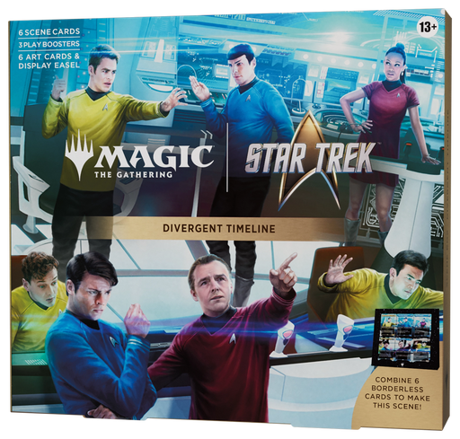 Box art for the Magic: The Gathering – Star Trek Divergent Timeline Scene Box from Wizards of the Coast, featuring the Star Trek crew on a spaceship bridge; displays branding, product details, and an image of scene cards combined from the Divergent Timeline Scene Box. Also highlights that Star Trek Play Boosters are included as part of the set.