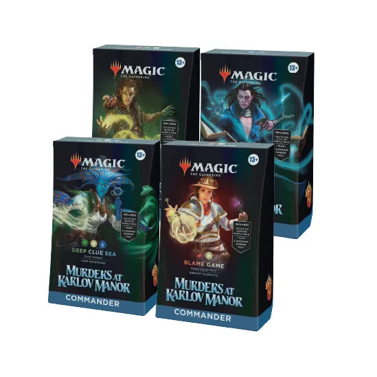 Four Magic: The Gathering - Murders at Karlov Manor Commander Deck boxes, each featuring a different character portrait.