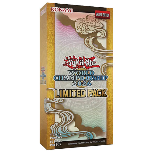 Introducing the Yu-Gi-Oh!: Limited Pack World Championship 2026 Booster Box from Konami. This exclusive LP26 booster box features a striking gold border, elegant cloud motif, and clearly displays “4 cards per pack” and “10 packs per box.” The English Edition label and Konami logo are prominently featured at the top. A must-have for both collectors and dueling enthusiasts.
