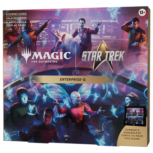 The Magic: The Gathering - Star Trek Enterprise-Q Scene Box from Wizards of the Coast features iconic Star Trek characters, a unicorn, glowing butterflies, and captivating sci-fi backgrounds. This scene box includes 6 scene cards, 3 booster packs, 6 art cards, and a display easel—making it an ideal collectible for fans ages 13 and up.