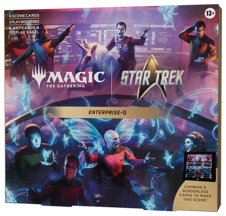 The Magic: The Gathering - Star Trek Enterprise-Q Scene Box from Wizards of the Coast features iconic Star Trek characters, a unicorn, glowing butterflies, and captivating sci-fi backgrounds. This scene box includes 6 scene cards, 3 booster packs, 6 art cards, and a display easel—making it an ideal collectible for fans ages 13 and up.