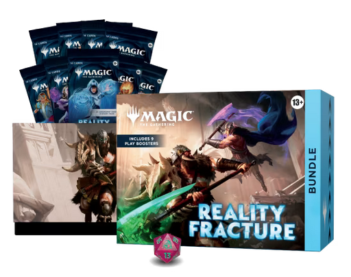 The Wizards of the Coast Magic: The Gathering - Reality Fracture Bundle box is displayed with Play Boosters, a promo card, and a purple 20-sided die in front. The fantasy artwork depicts armored warriors wielding weapons and casting magic.