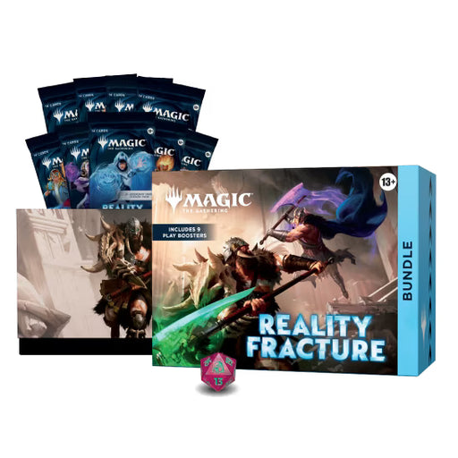 The Wizards of the Coast Magic: The Gathering - Reality Fracture Bundle box is displayed with Play Boosters, a promo card, and a purple 20-sided die in front. The fantasy artwork depicts armored warriors wielding weapons and casting magic.