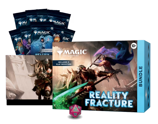 The Wizards of the Coast Magic: The Gathering - Reality Fracture Bundle box is displayed with Play Boosters, a promo card, and a purple 20-sided die in front. The fantasy artwork depicts armored warriors wielding weapons and casting magic.