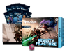 The Wizards of the Coast Magic: The Gathering - Reality Fracture Bundle box is displayed with Play Boosters, a promo card, and a purple 20-sided die in front. The fantasy artwork depicts armored warriors wielding weapons and casting magic.