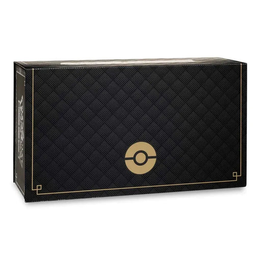 A black, textured box with a gold border and a gold Poké Ball symbol in the center, designed by The Pokémon Company as the Pokémon TCG: Sword & Shield Ultra-Premium Collection - Zacian & Zamazenta, resembling a premium trading card storage box.
