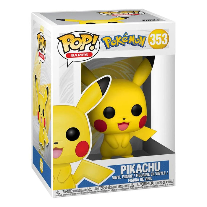 A Funko POP: Pikachu - 353 vinyl figure by Funko, packaged in a box featuring the POP! Games and Pokémon 353 logos, with a display window revealing Pikachu’s bright eyes and red cheeks.