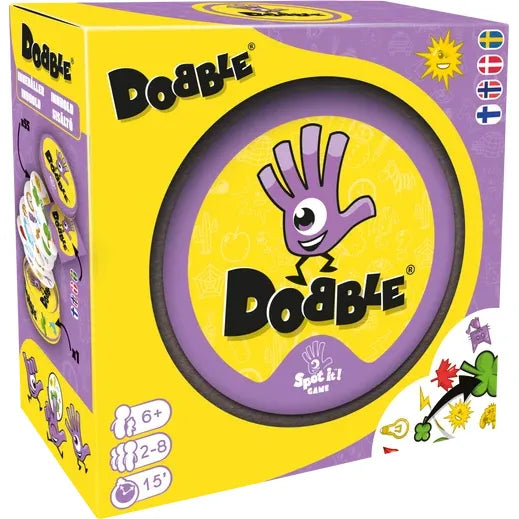 Yellow box of Asmodee’s Dobble vendekortspil, featuring a purple tin with a cartoon hand, game logo, and icons for 2-8 players, ages 6+, and 15-minute playtime. Flags indicate multiple languages.