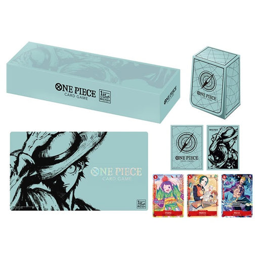 One Piece Card Game: Japanese 1st Anniversary Set - English Edition (uden folie) including a storage box, deck box, playmat, two card sleeves, and three character cards.