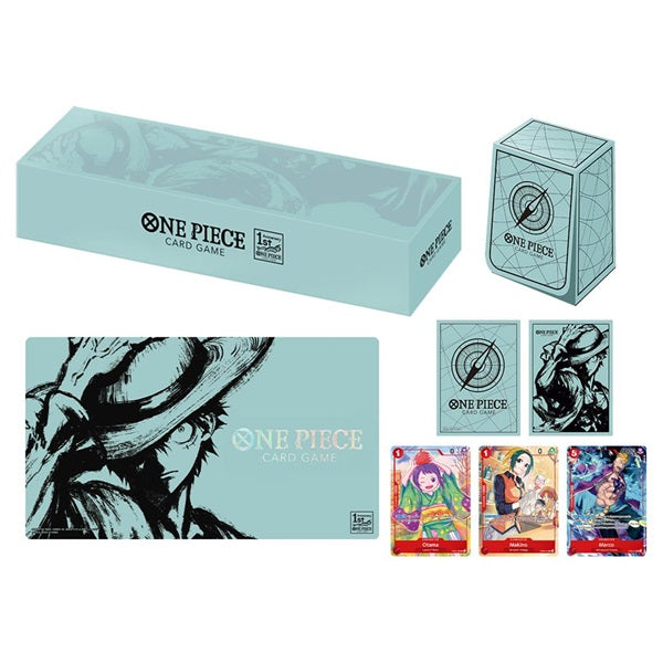 One Piece Card Game: Japanese 1st Anniversary Set - English Edition (uden folie) including a storage box, deck box, playmat, two card sleeves, and three character cards.