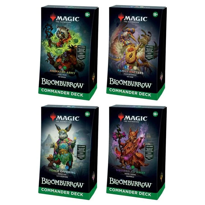 Four sealed Magic: The Gathering - Bloomburrow Commander Decks featuring anthropomorphic animals in fantasy settings.