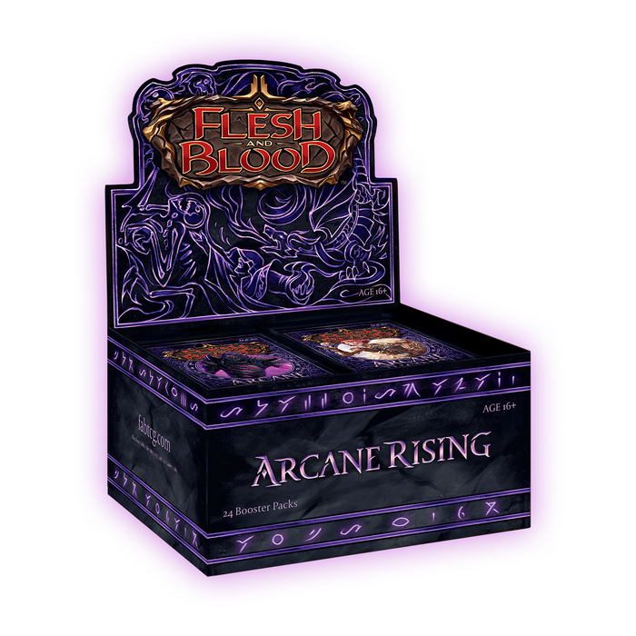 The Flesh and Blood TCG: Arcane Rising (Unlimited) Booster Display by Legend Story Studios Limited features a captivating array of booster packs with vibrant, fantasy-inspired artwork and striking purple highlights—an excellent choice for collectors and fans of the trading card game.