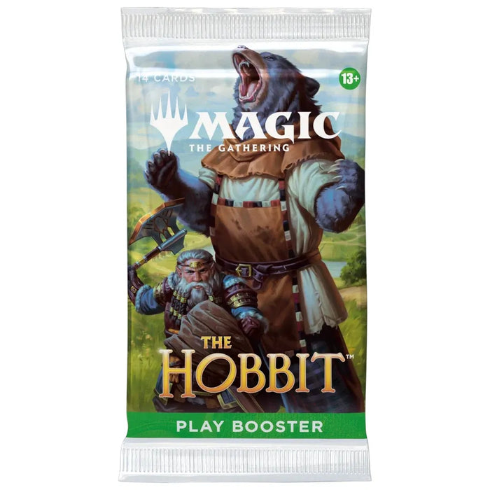Introducing the Magic the Gathering: The Hobbit Play Booster by Wizards of the Coast—a play booster pack inspired by The Hobbit, featuring illustrated characters such as a dwarf wielding an axe and a towering bear dressed in a tunic. The packaging showcases a green background and is recommended for ages 13 and up.