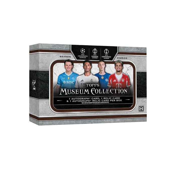 A Topps UEFA Club Competitions 2025/26 Museum Collection Hobby Box featuring four soccer players in different team jerseys, with Champions League, Europa League, and Conference League logos.