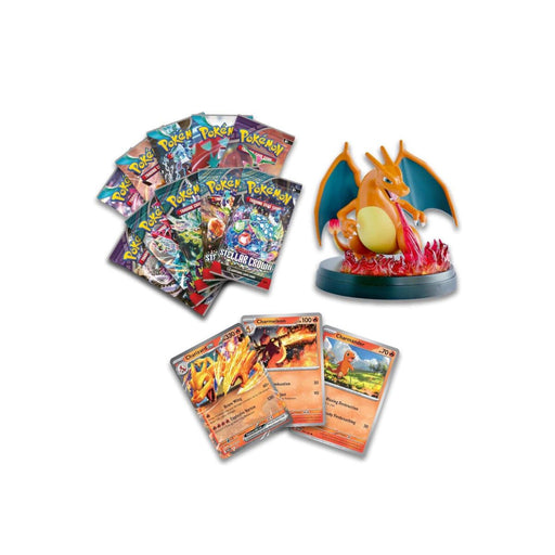 The Pokémon TCG: Charizard ex Super-Premium Collection by The Pokémon Company is displayed on a white background, featuring a Charizard figure, multiple Pokémon booster packs, and three Charmander and Charmeleon trading cards.