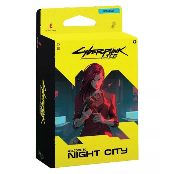 Yellow Cyberpunk TCG: Welcome To Night City Starter Deck - The Heist box featuring an illustration of a woman in a red blazer holding a pistol.